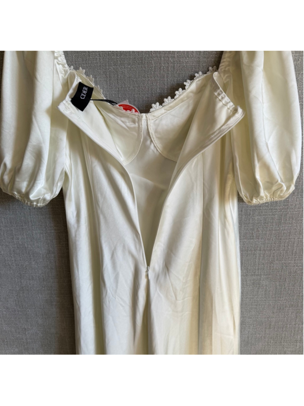 Cider Beige White Satin puff sleeve Wedding Rehearsal Dress 0X - Picture 10 of 15